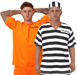 MENS PRISONER COSTUME ORANGE TOP TROUSERS CONVICT HALLOWEEN FANCY DRESS S-XXL - Picture 1 of 12