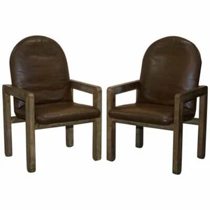 PAIR OF ORIGINAL MID CENTURY VINTAGE AGED BROWN LEATHER JOHN MAKEPEACE ARMCHAIRS - Picture 1 of 12