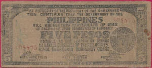 PHILIPPINEN (GUERILLA) 5 PESOS 1942 TAGBILARAN,BOHOL,TREASURY EMERTIFI - Bild 1 von 2