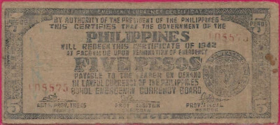 PHILIPPINES (GUERRILLA) 5 PESOS 1942 TAGBILARAN,BOHOL,TREASURY EMERGENCY CERTIFI - Image 1 of 2