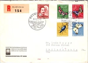 SWITZERLAND 1957 REGISTERED AIRMAIL COVER MULT FRANKING ADDR USA CANC BETHLEHEM - Picture 1 of 2