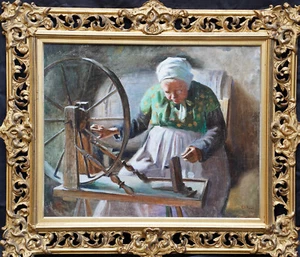 WILLIAM ALBERT ABLETT FRENCH EDWARDIAN ART PORTRAIT OIL PAINTING LADY SPINNING - Picture 1 of 15