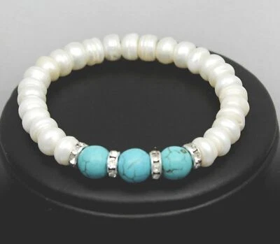 Armbänder,1 Armband aus echten Süßwasserperlen m.3 Edelsteine Türkis 17-24cm Neu - Bild 1 von 2