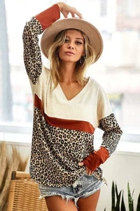 BiBi Waffle Knit Leopard Color Block V-Neck Top - Picture 1 of 5