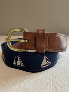 Cintura VNT Preston New England 36 blu navy barca a vela tessuto pelle marrone made in USA - Foto 1 di 10