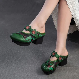 Sommer Ethno dicker Absatz runde Spitze Outdoor Hausschuhe Retro Leder Damenschuhe - Bild 1 von 27