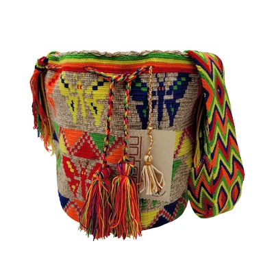 Bolso Boho Cubo Colombiano 🇨🇴 Hecho a Mano Grande Tribu Wayuu MARRÓN CLARO Foto 1 de 4