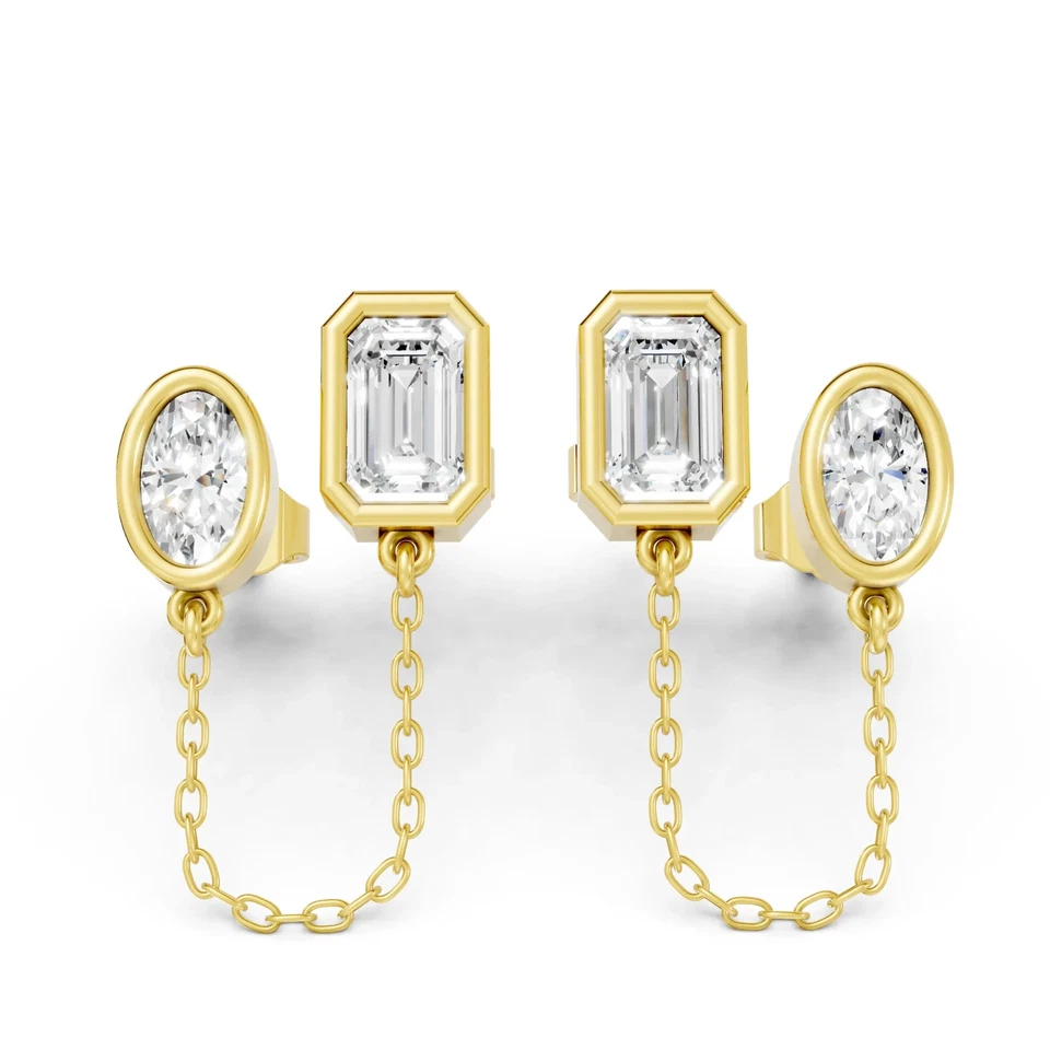 14K Lab-Created Diamond Emerald Oval Cut Chain Stud Earring EF VS Push Back - Image 1 of 4