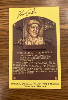 FERGIE JENKINS Signed Gold HOF Plaque Postcard yellow CHICAGO CUBS Autograph - Image 1 of 2