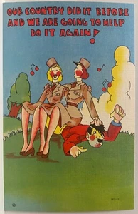 Postal de propaganda de lino de la Segunda Guerra Mundial 2 WAC en uniforme siéntate sobre Hitler ~ Ayúdalo a derrotarlo - Imagen 1 de 3