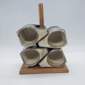 Vintage Rodolfo Padilla Coffee Mugs Set Of 4 With Wood Stand Drip Glaze - Picture 1 of 21