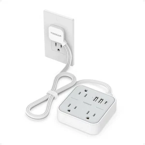 3 FT Extension Cord with 3 Outlets Flat Plug Power Strip 3 USB Surge Protector - Picture 1 of 6