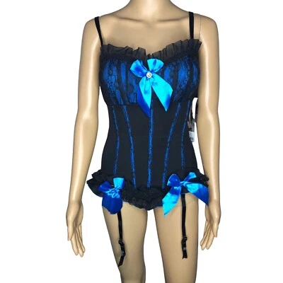 Corsé Coquette Completamente Deshuesado Talla Grande Negro Y Azul 328 Acentos Lazo NUEVO Foto 1 de 4