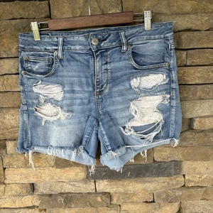 American Eagle Distressed High Rise Shortie Raw Hem Stretchy Shorts Size 14 Lace - Picture 1 of 10