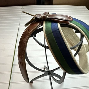 Brooks Brothers Web Baumwollgürtel grün blau beige 42 braune Lederenden - Bild 1 von 10