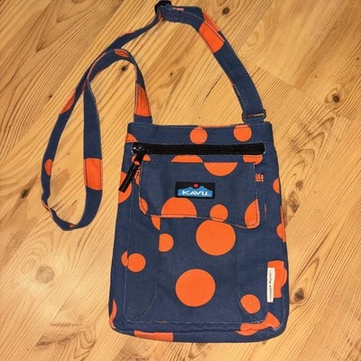 KAVU Crossbody Bag Limited Edition Adjustable Canvas Navy Orange Big Polka Dots - Image 1 of 4