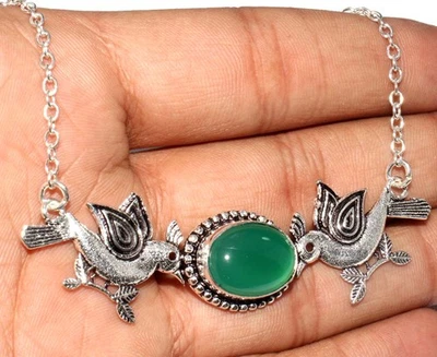 鸟绿玛瑙 925 镀银手工项链 19 英寸女式珠宝 GW — 第 1/3 张图片