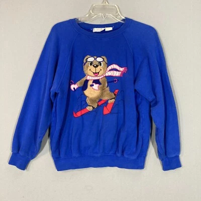 Sudadera De Colección Esquí Oso De Peluche Peludo Difuso Para Mujer Azul Raglán S/M Foto 1 de 4