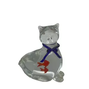 Vintage Penco 4-1/8" Crystal Cat with Fish In Belly Figurine Paperweight - Picture 1 of 4
