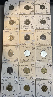 Lote de 18 monedas Francia 1921 - 1991 cinco 5 céntimos muy finos en estado bastante bueno - buen estado Foto 1 de 4