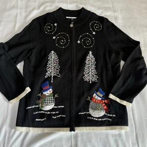 Cardigan natalizio pupazzo di neve vintage Mercer Street Studio nero taglia grande con perline - Foto 1 di 9