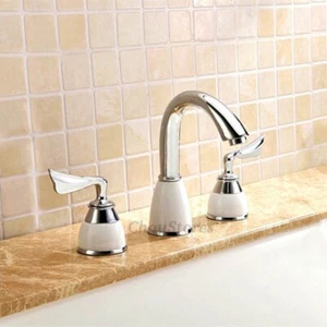 Rubinetto diffuso 3 fori miscelatore acqua vanità rubinetto doppia maniglia ceramica bianca - Foto 1 di 3