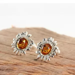 SUNFLOWER BALTC AMBER EARRINGS 925 STERLING SILVER BOXED NEW - Picture 1 of 5