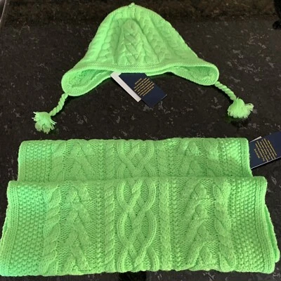 New Ralph Lauren Polo infinity Girls scarf And Hat wool blend Neon Green - Image 1 of 4