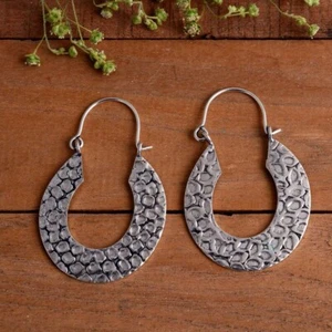 Hammered Handmade Oxidized Lightweight Sterling Silver Hoop Earrings For Women - Picture 1 of 8