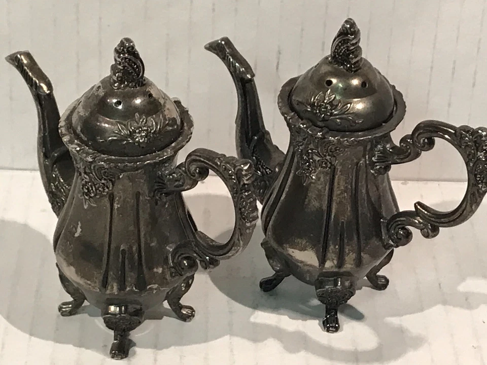 Серебряные солонки и перечницы в форме чайника на тяжелых ножках винтажные Godinger 2-Appr-3,5 дюйма - Изображение 1 из 4