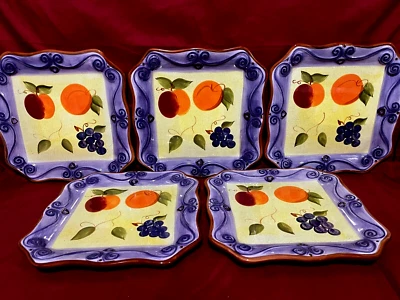 Tabletops Unlimited Medici Set Of 5 Square Dinner Plates Hand Painted Fruit 11" - Image 1 of 3