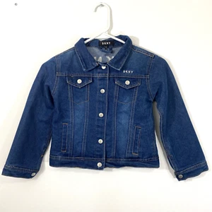 DKNY Girls Denim Jacket Size 6X Stretch Snap Closure Spell Out Silver - Picture 1 of 18
