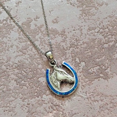 Fortuna Blu Ferro di Cavallo Massiccio 925 Pendente Argento Sterling Collana - Immagine 1 di 2