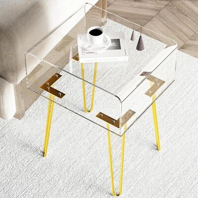 Clear Acrylic End Table Golden Metal Legs Home Display Nightstand w/ 2 Shelves - Image 1 of 4