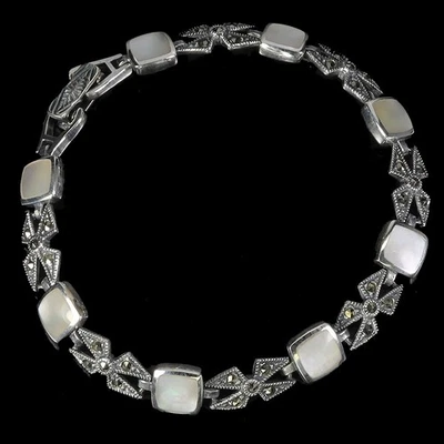 Pulsera de plata de ley 925 cojín madreperla marcasita piedras preciosas 7 pulgadas Foto 1 de 4