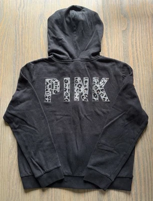 Victoria’s Secret PINK Black Leopard Animal Print Sequin Full Zip Hoodie Size L - Image 1 of 4