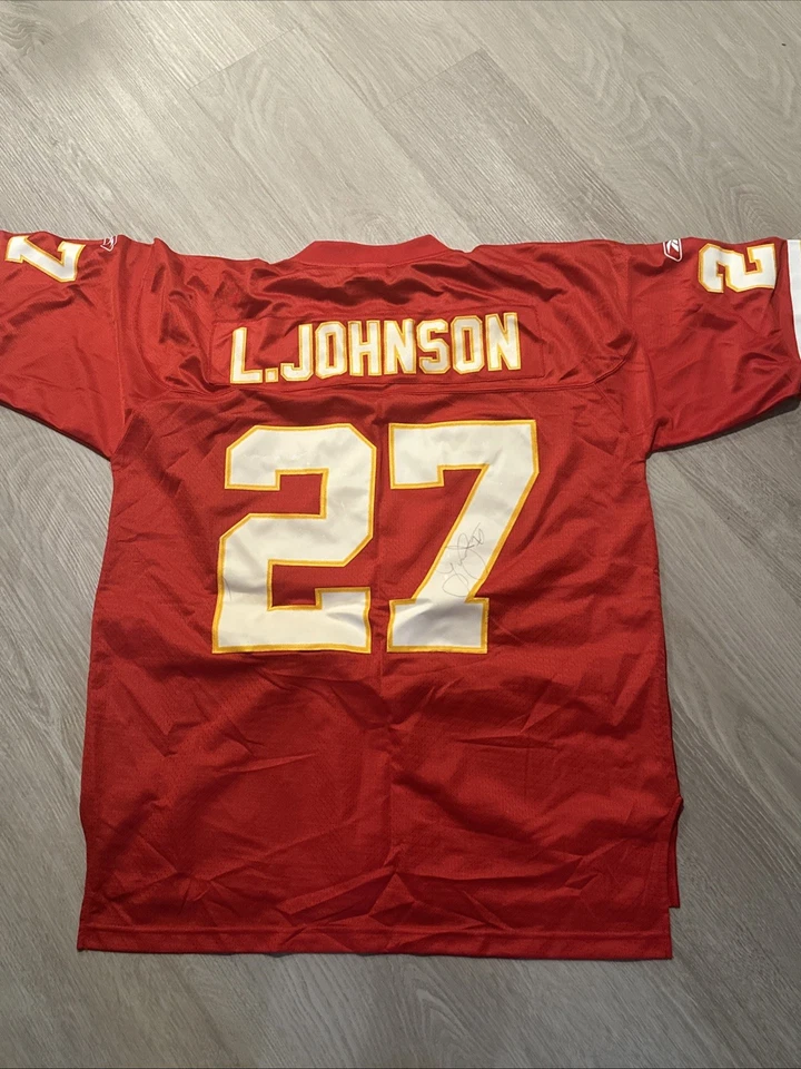 Camiseta roja para hombre Kansas City Chiefs Larry Johnson #27 autografiada talla XL Foto 1 de 2
