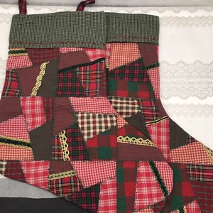 Vtg Christmas Quilted Stockings Large 2pc Set Plaid Back - Picture 1 of 7