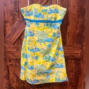 Vestido de sol de crucero Lilly Pulitzer de colección marca blanca Sabrina amarillo/azul 6 sin tirantes - Imagen 1 de 8