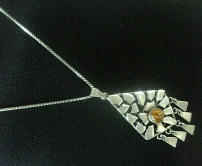 Attraente Argento Sterling Grande Moderni Tigri Occhio Ciondolo - C 1970s - Immagine 1 di 4