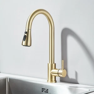 Brushed Gold Kitchen Faucet Single Hole Stainless Steel Pull Down Sink Mixer Tap - Picture 1 of 13