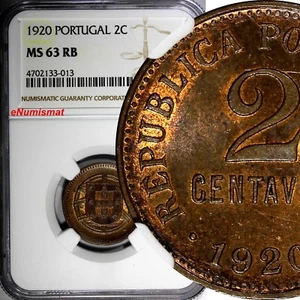 Portugal Bronze 1920 2 Centavos NGC MS63 RB  3 YEARS TYPE KM# 568 (013) - Picture 1 of 4