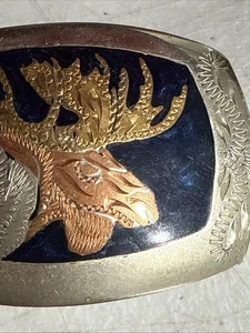 Vintage Handarbeit Silber Gürtelschnalle Elch Intarsien Gold/Silber/Bronze/Blau - Bild 1 von 6