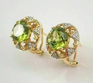 Lab Created Peridot 2Ct Round Cut Charm Stud Earrings 14K Yellow Gold Plated - Picture 1 of 6