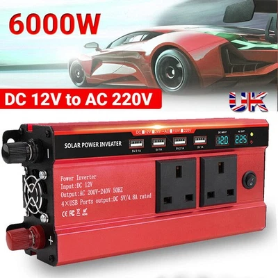 6000W Caravan Van Converter Power Inverter DC 12VTo AC 240V LCD UK Socket 4USB - Image 1 of 4