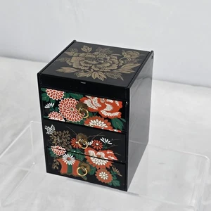Trinket Box Japanese 3 Drawer w/ Mirror Jewelry Black & Floral 3.25"x3.25"x4.25" - Picture 1 of 10