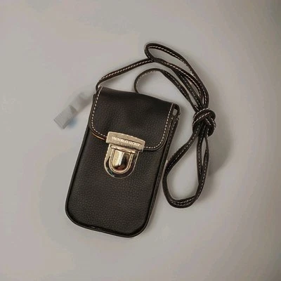 Victoria's Secret Crossbody Phone Holder Black Leather Buckle Satchel 3"x1"x6" - Image 1 of 4