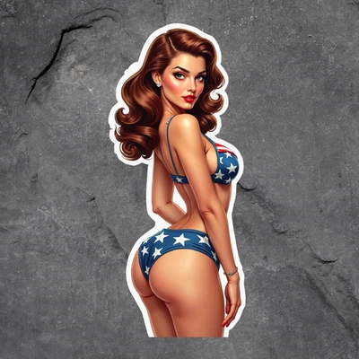 BUMBLEBEE APPAREL Pinupgirl sticker vinyl decal patriotic bikini usa stars anime retro pinup