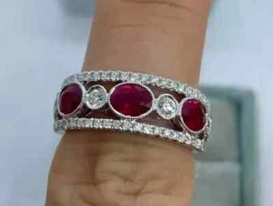 3Ct Oval Lab Created Red Ruby & Diamond Band Women's Ring 14K White Gold Plated - Picture 1 of 6