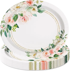 50Pcs Floral Paper Plates Watercolor Rose Flower Oval Disposable Plates 9 Inch S - Picture 1 of 7